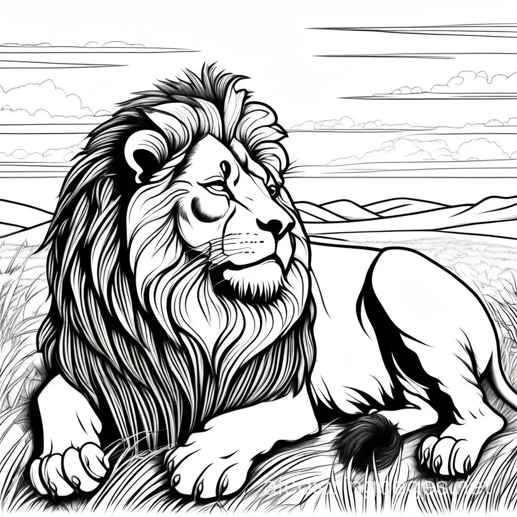 realistic Lion sleeping in open plains, Coloring Page, black and white, line art, white background, Simplicity, Ample White Space. The background of the coloring page is plain white to make it easy for young children to color within the lines. The outlines of all the subjects are easy to distinguish, making it simple for kids to color without too much difficulty