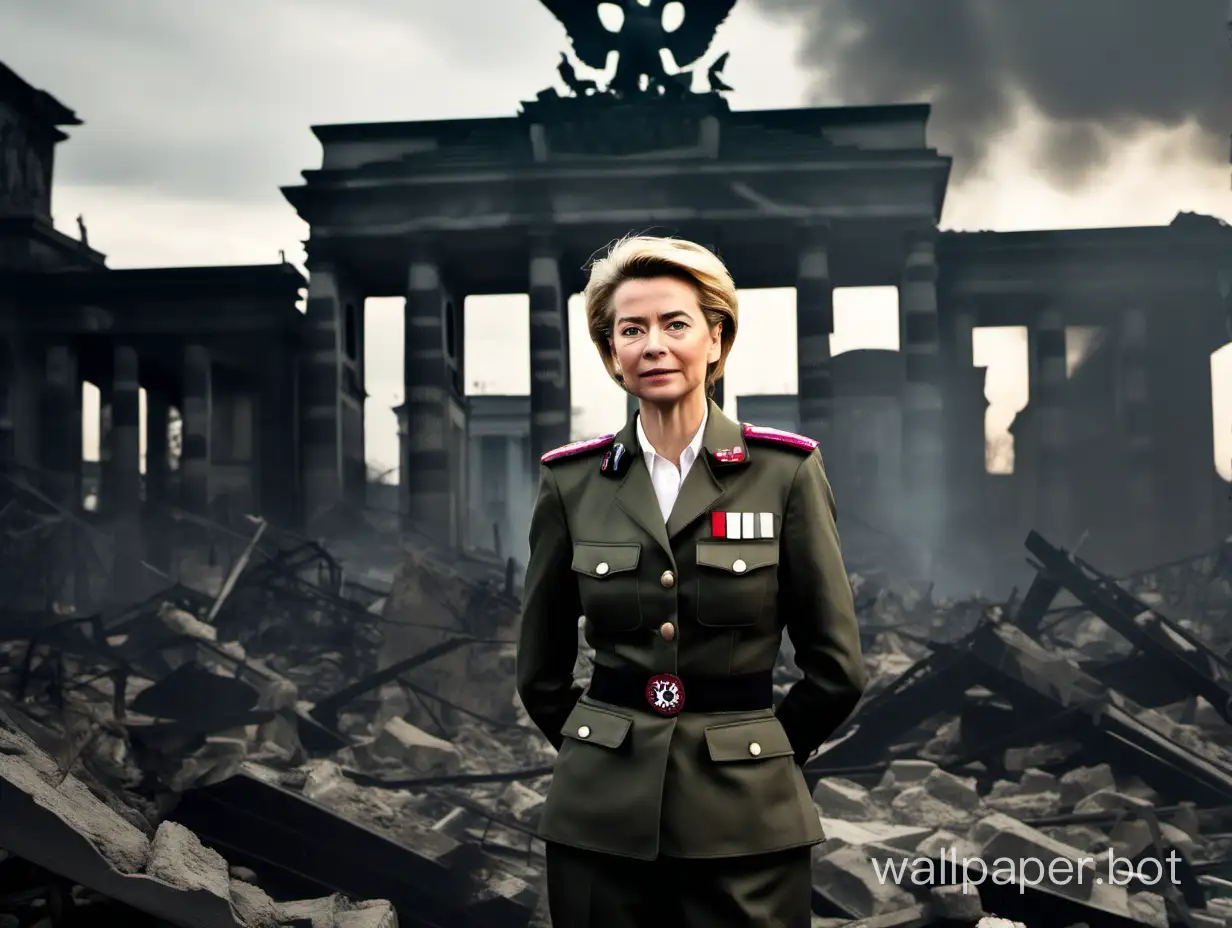 Ursula von der Leyen in Nazi uniform on the burning ruins of Berlin under a stormy sky