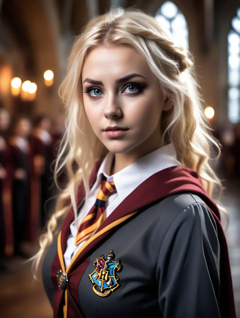 Attractive Nordic Woman in Hogwarts Cosplay Stands in Great Hall