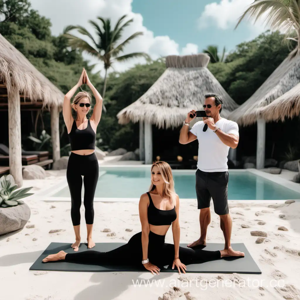 generate an influencer family wife promoting pilates and healthy lifestyle and husband is a traveler and businessman who is having a business call and the wife is doing pilates  while they are together at tulum 

