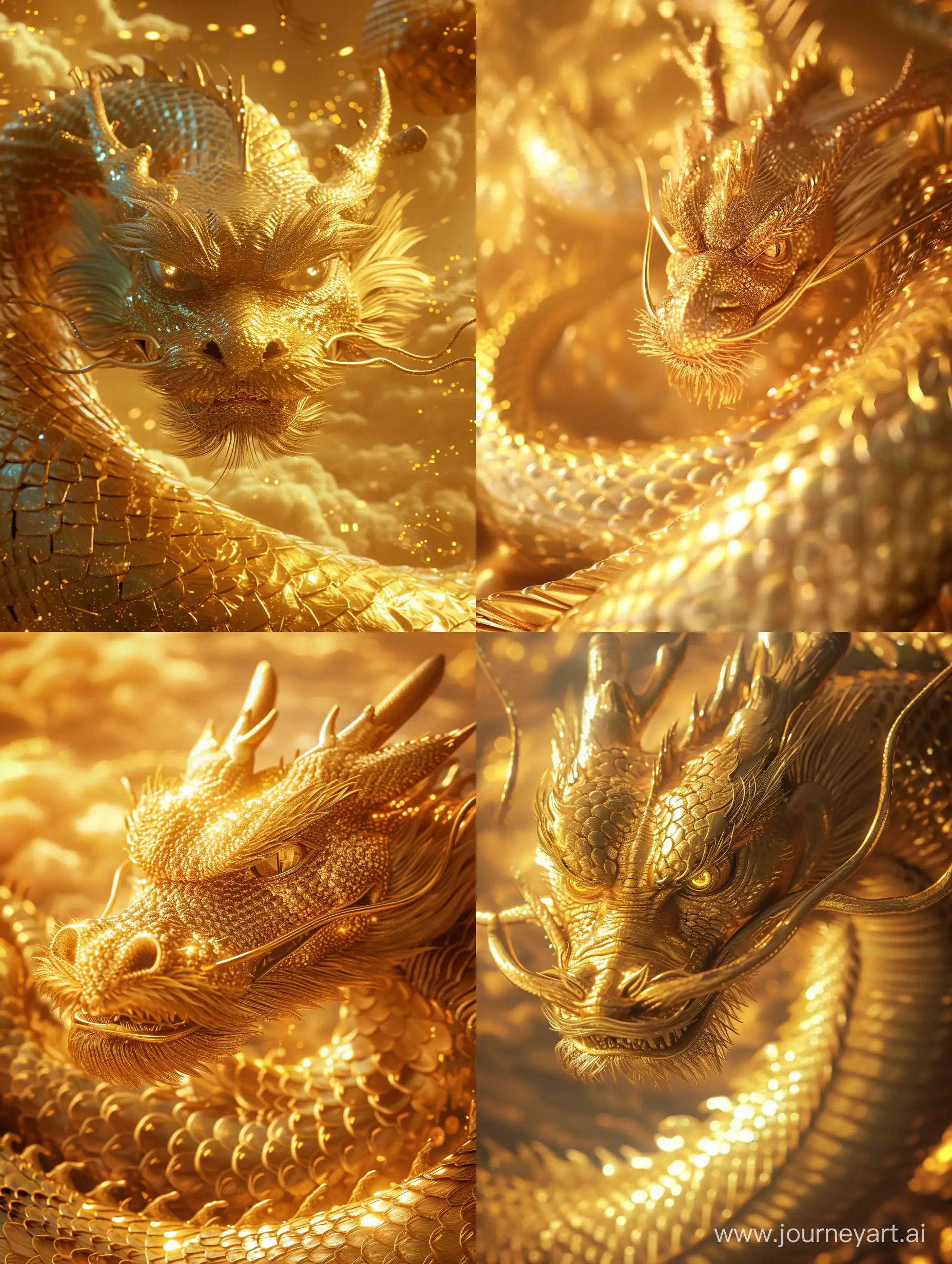 A golden Chinese dragon with shimmering golden scales, looking at the camera, has a perfectly structured layout. The Chinese dragon, golden in color, shines brightly and exudes a majestic presence. The details of the eyes and face are intricate, with a background of golden evening clouds. Optical art perspective, interplay of light and shadow, UHD. --v 6 --ar 3:4 --no 14095