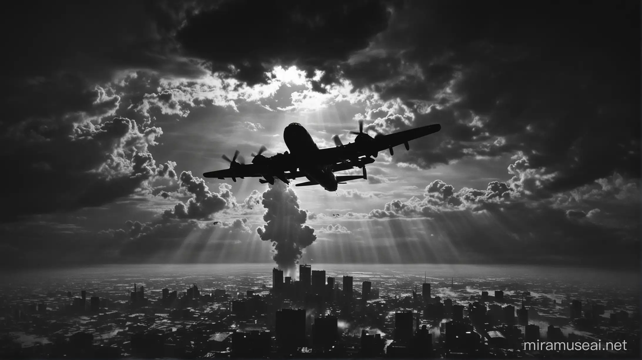 B-29 world war 2 American Bomber silhouette , Hiroshima, nuclear explosion,  mushroom cloud, dark, dystopia, dark atmosphere