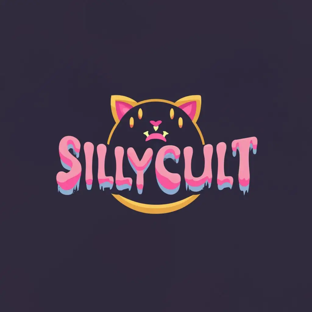 a logo design,with the text "SillyCult", main symbol:Cute cat in scary but funny theme with visible tail that has a spike at the end of it. Belowe text with interesting font,complex,be used in Retail industry,clear background