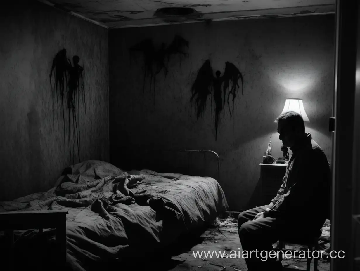 Solitary-Figure-Contemplating-in-Eerie-Monochrome-Bedroom