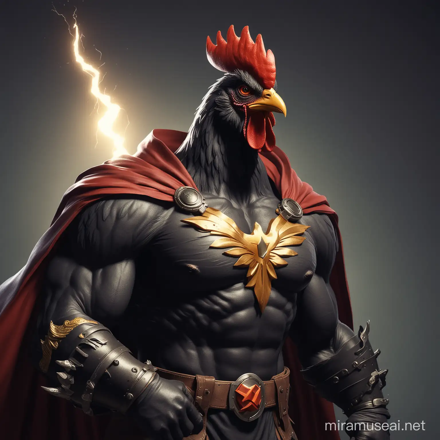 dark, an adult cartoon character, a giant rooster, lighting bolt emblem on chest, cape, mask, crimefighter