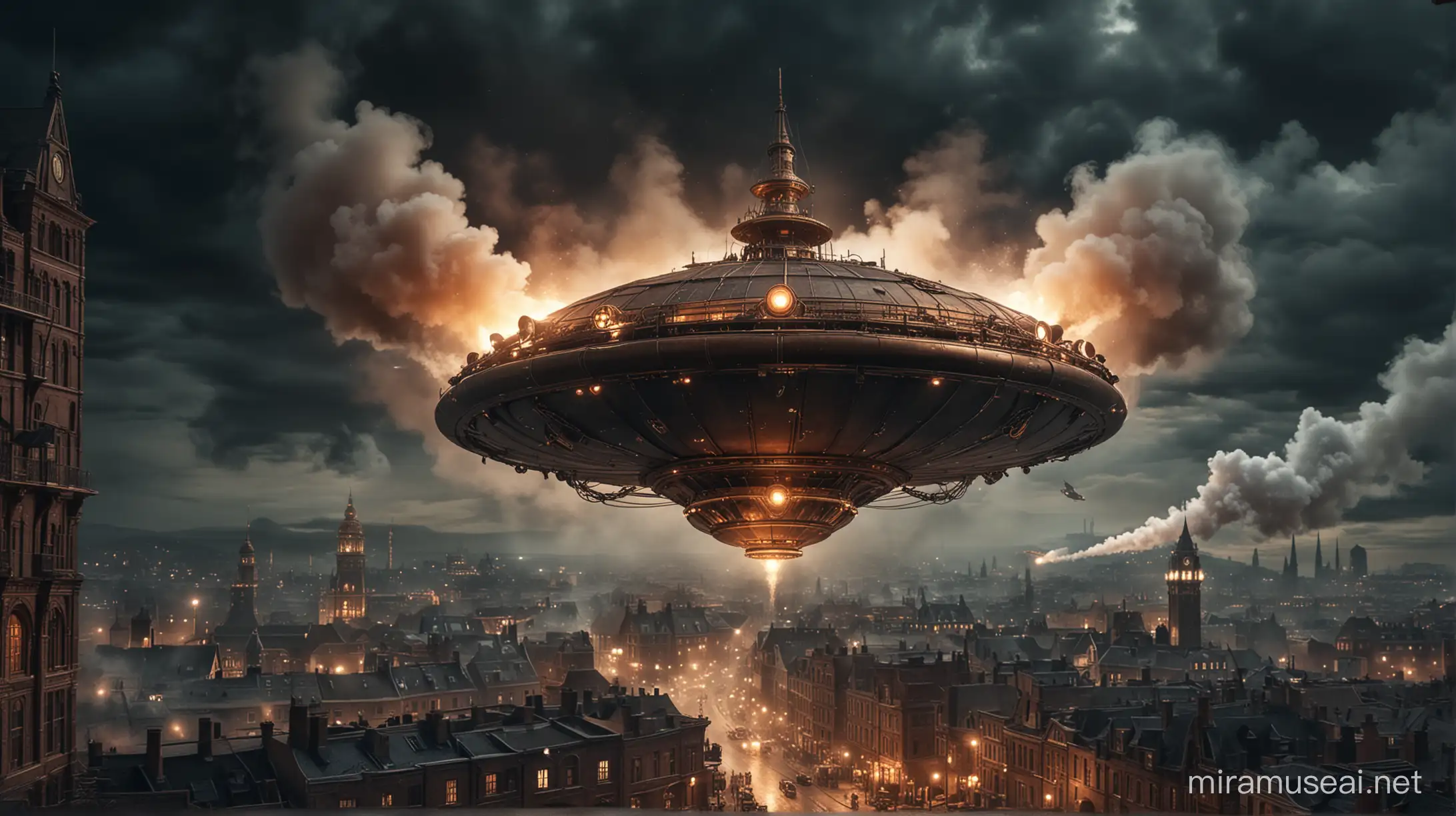 a big steampunk flying saucer as large as a city over a steampunk city. steam, smoke, copper, brass, steel. dark night. the city is well illuminated. distant view.