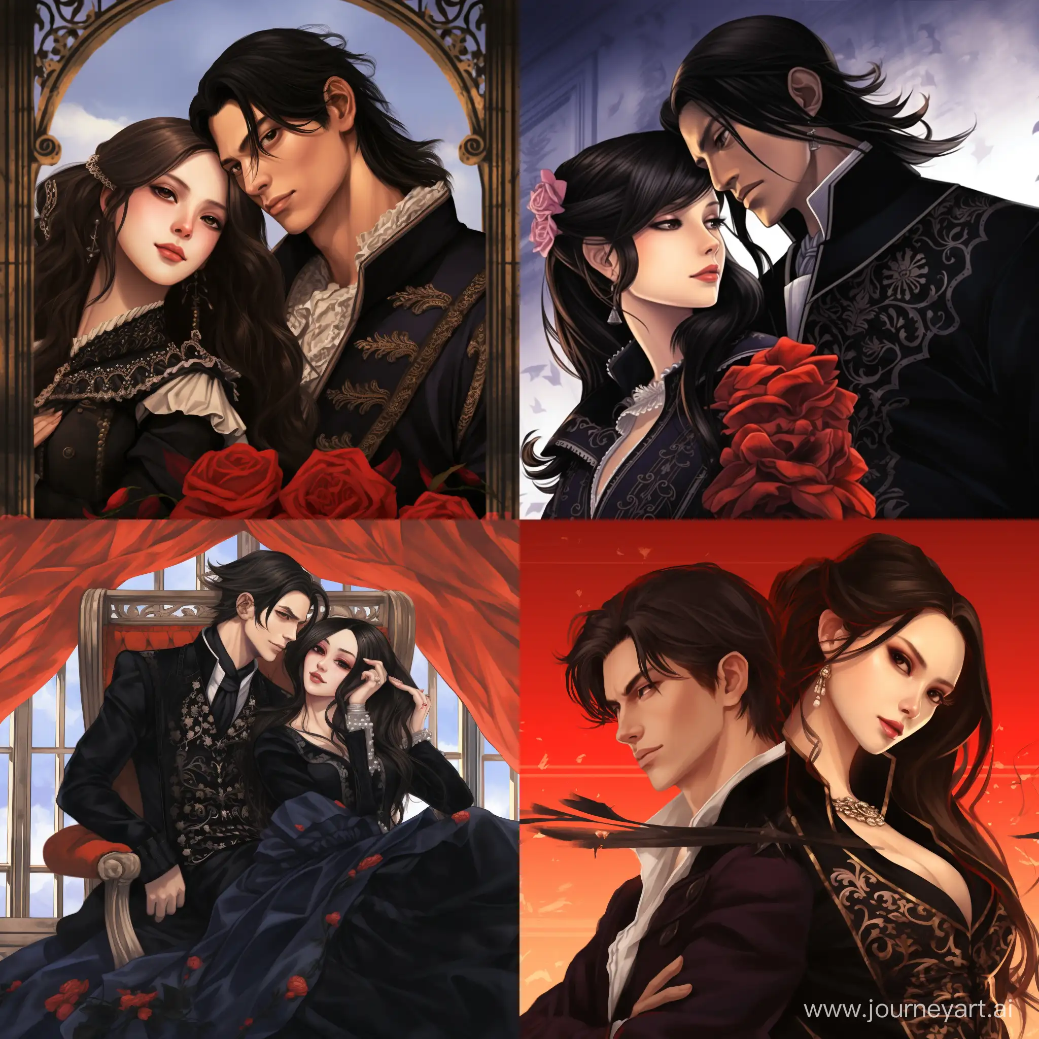Boa hancock and Luffy on a harlequin romance novel in a gothic style