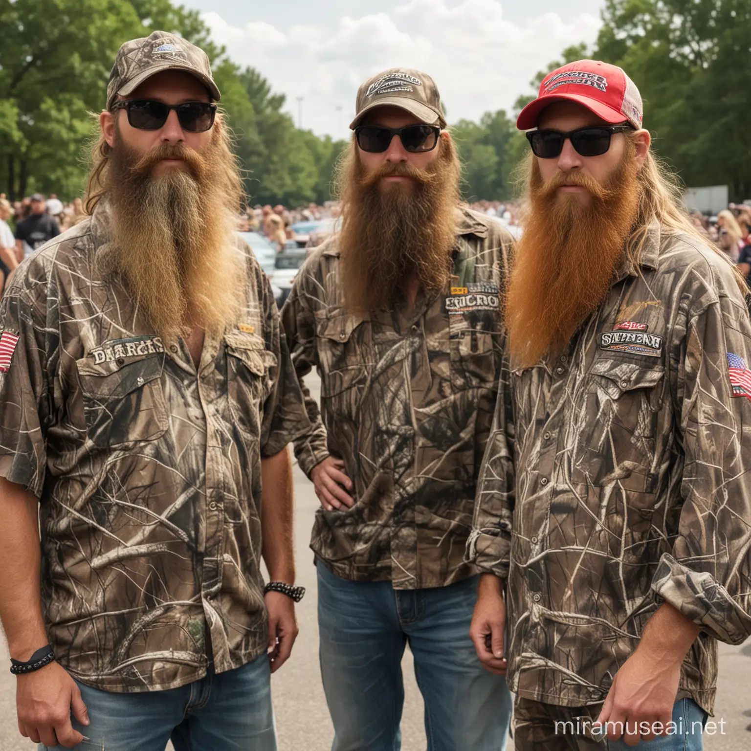 American southern rednecks with long beards, camo clothes, sunglasses, nascar fans