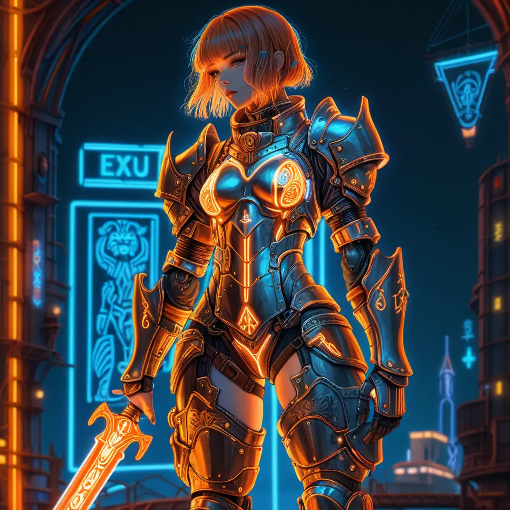 Leo Zodiac Cyberpunk Anime Knight with Orange Neon Lights