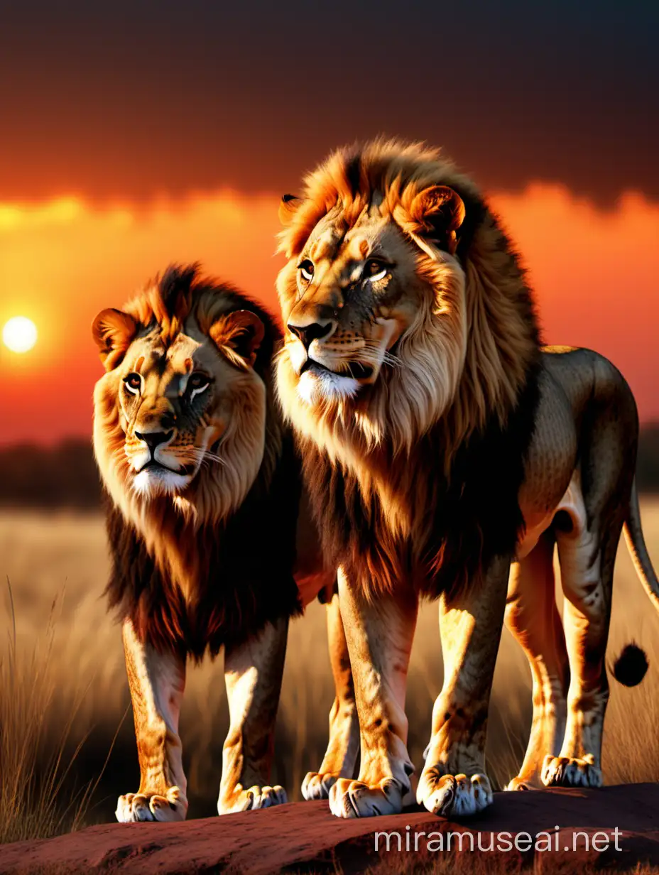 Majestic Lions Silhouetted Against Vibrant Sunset Sky