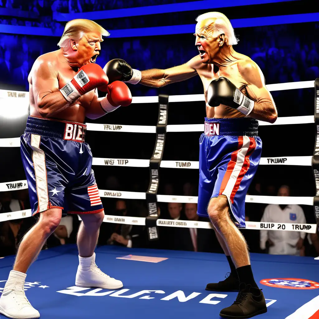Donald trump vs Joe biden in a boxing ring heated battle trump gets punched in the face