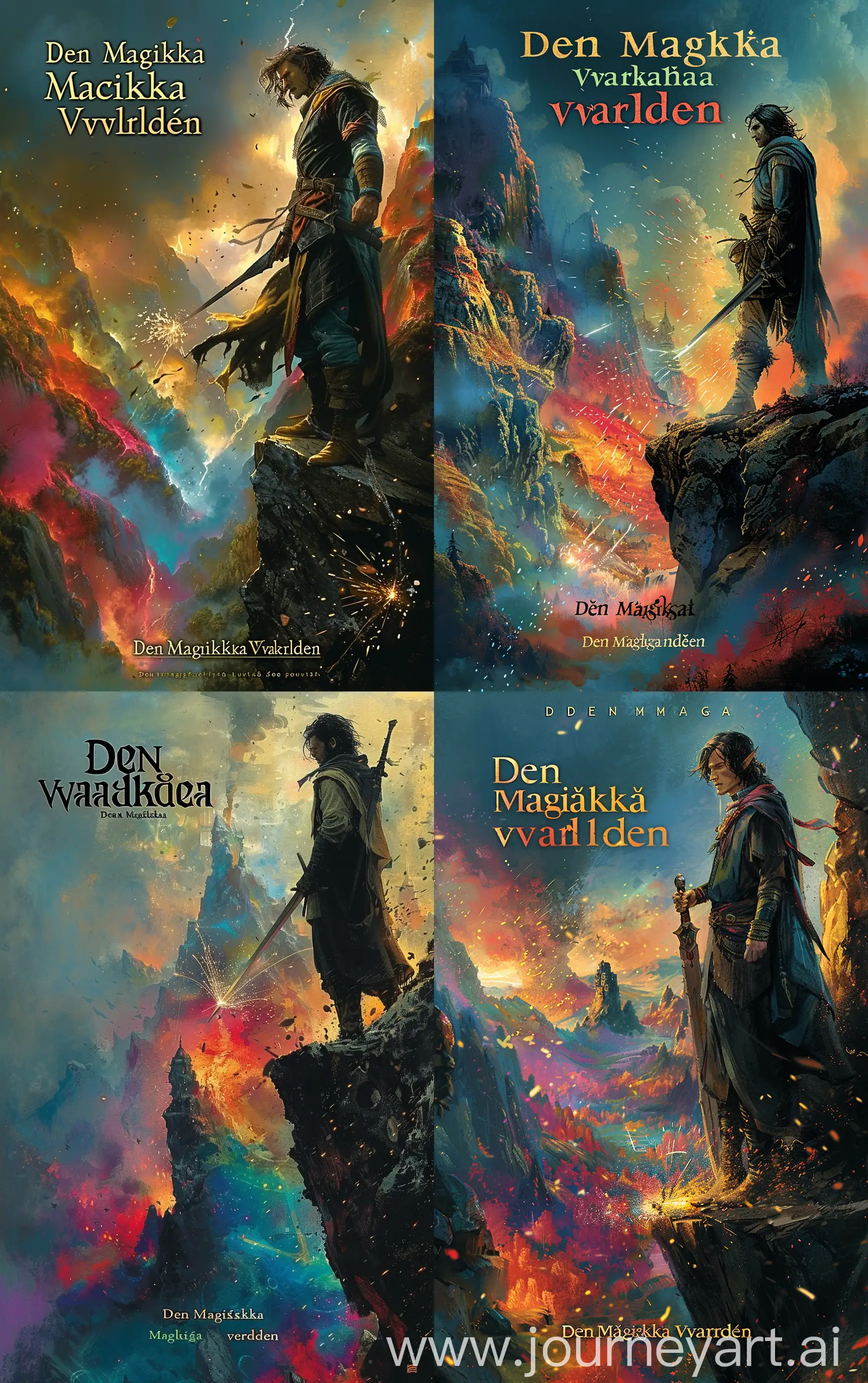detailed plain book cover with title/subtitle/author names, The cover features a male warrior standing on a cliff, overlooking a vast fantasy world. The warrior is positioned to the right side of the cover, with his gaze directed towards the colorful landscape. A sword is held in his hand, while sparks of magic emanate from his other hand. Its title is "Den magiska världen". The title "Den magiska världen" is displayed in a bold, mystical font, with the word "magiska" having an ethereal glow. The author's name is placed at the bottom of the cover in a more elegant and flowing font., The warrior is placed on the right side of the cover, allowing the colorful fantasy world to take up the majority of the space. The title is positioned at the top of the cover, with the author's name at the bottom., --v 6 --stylize 800 --ar 10:16 --seed 4068376620