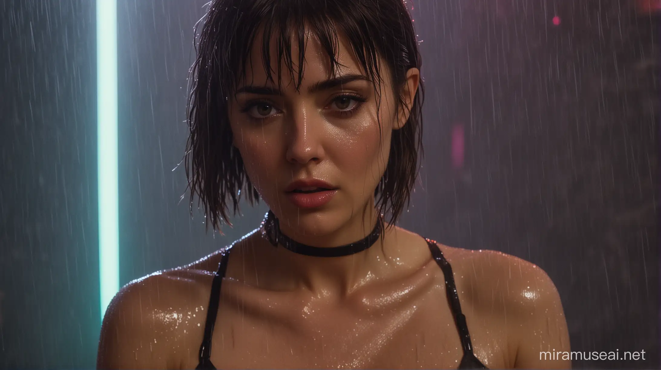 cinematic still, blade runner 2049, ana de armas, rain, wet, sad, crop top, holographic, film by denis villeneuve, rooftop, close up of upper body, neon lights