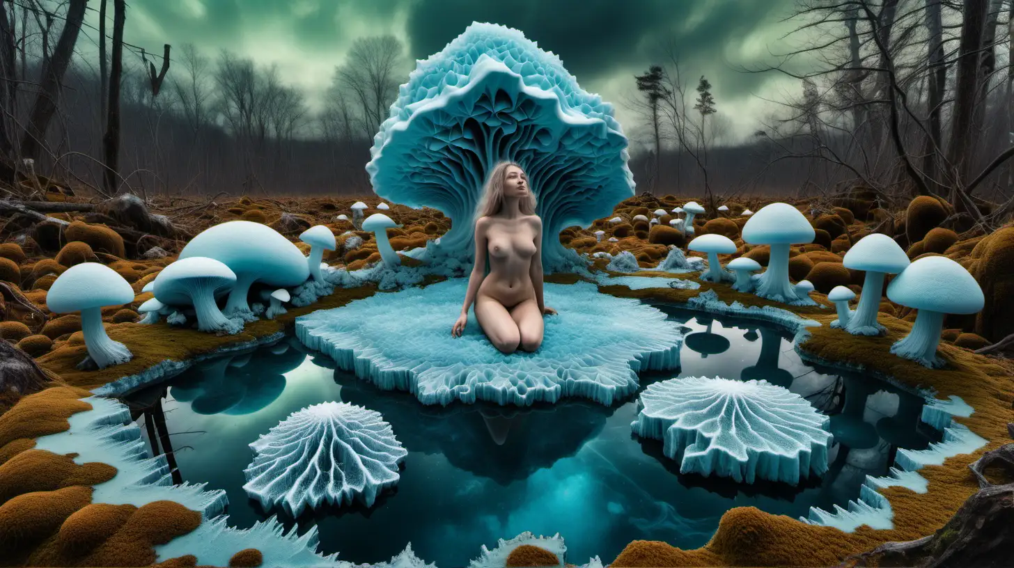 Psychedelic Crystalline Landscape with Nude Woman Moss Icy Mushrooms and Water