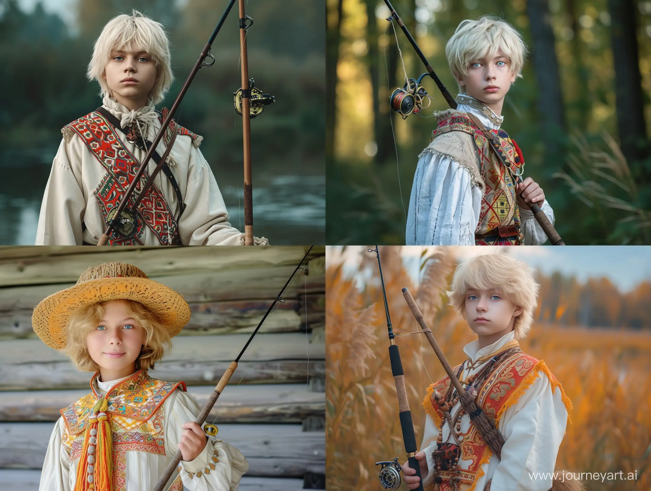 A blond-headed teenager in a folk costume with a fishing rod