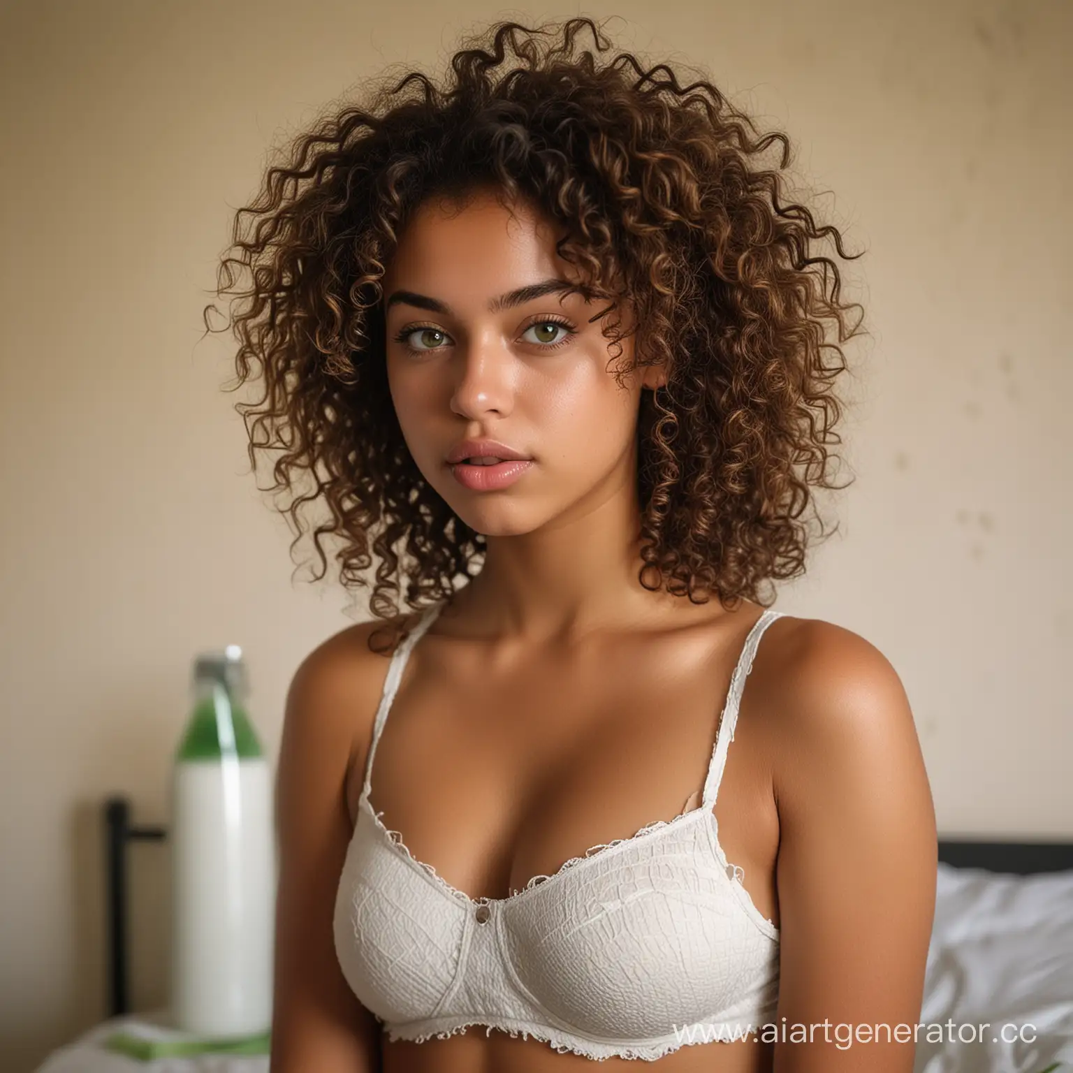gritty candid raw full-body photo of a young 18 year old beautiful, big lips, Curlyhaired Curvy Mixed Danish Venezuelan Brunette with green eyes, wearing nothing no clothes top inside bedroom drinking milk with straw seductively with Sony Alpha A6500 1.4f, bokeh, highly detailed, masterpiece 