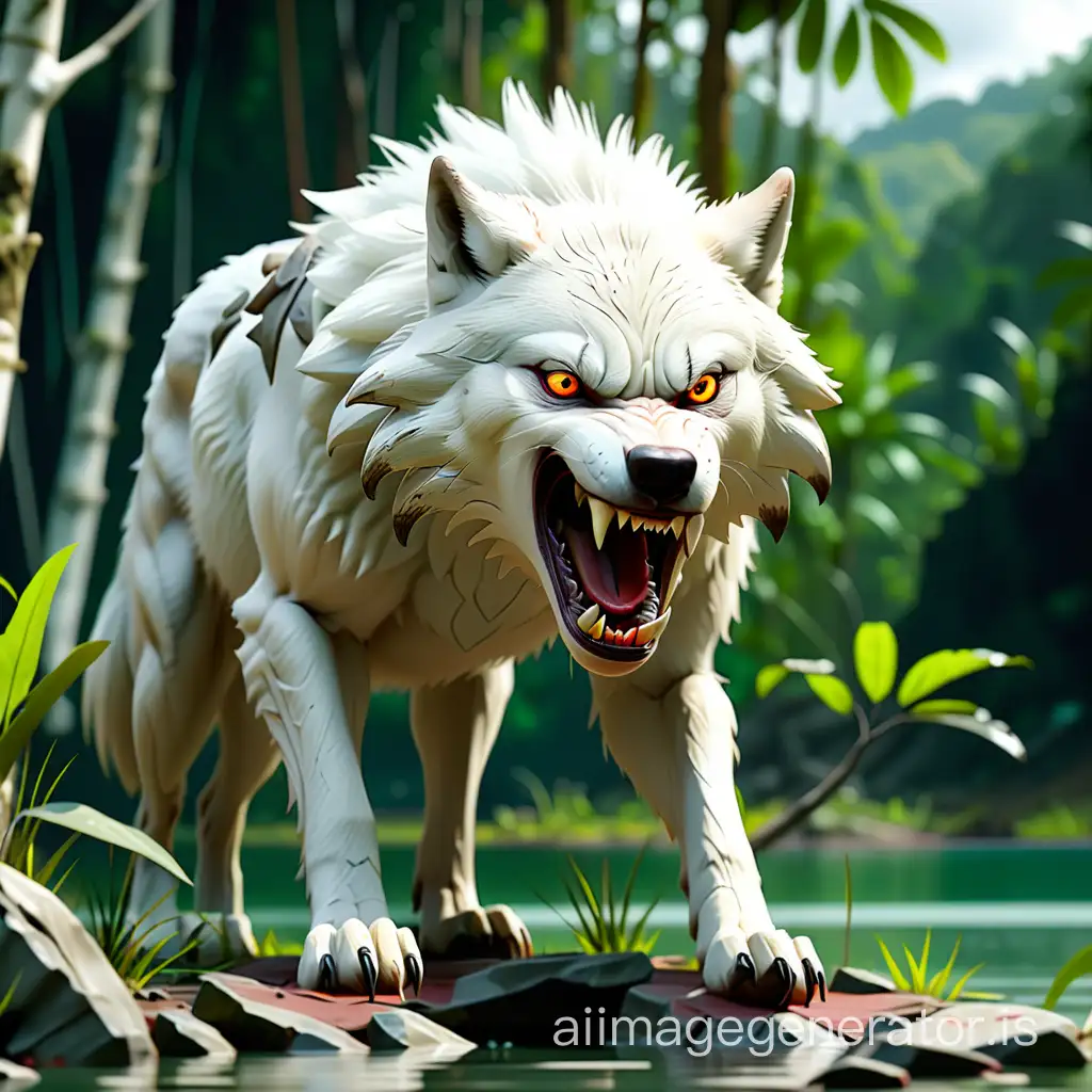 a white wolf is growling near a lake in jungle