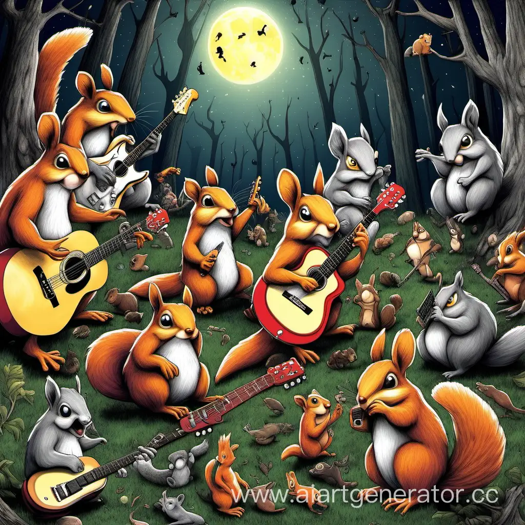 Crazzy, squirells, play guitar, rock, forest, night, other animals as audience