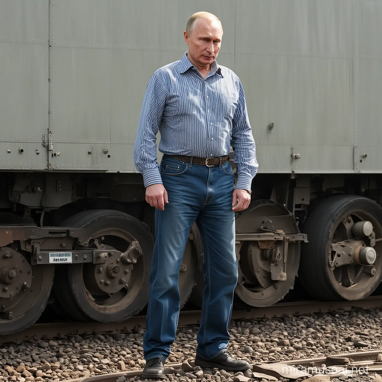 63 year real face  old Putin stands barefoot on the top of an armored train, wearing deep blue jeans and a long sleeved black and white striped shirt, receiving a green plane airdrop of vodka label liquor packaging