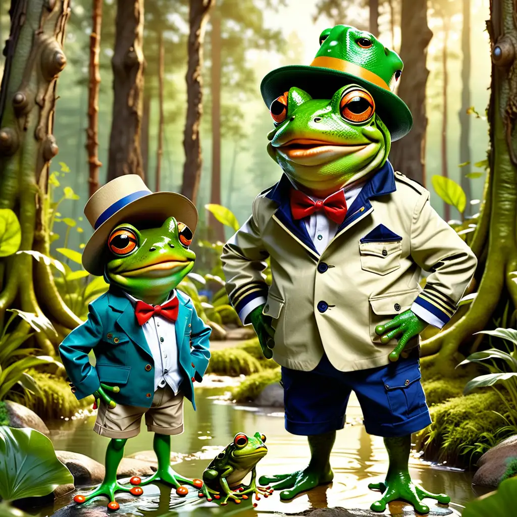 Joyful 8YearOld Tommy and His Dad Frog Singing in Disney Forest Scene