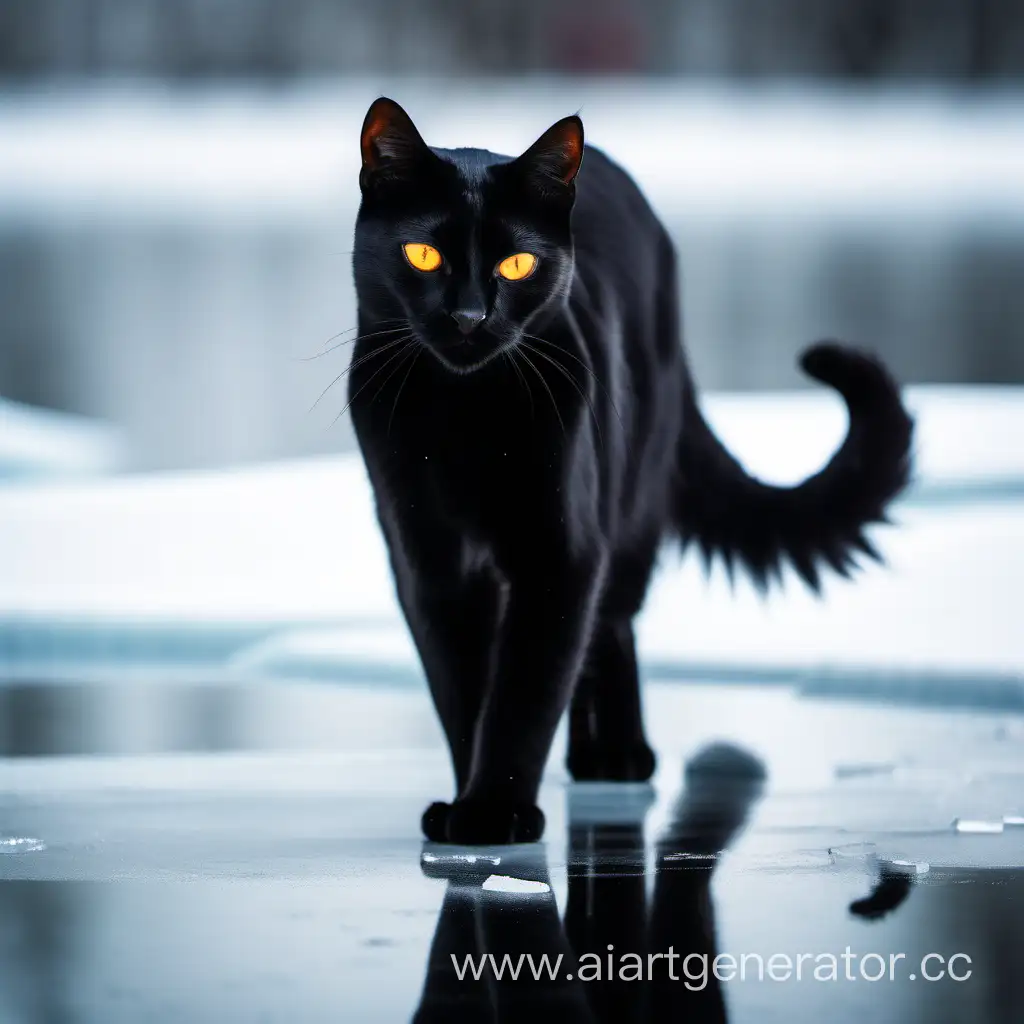 a black cat with amber eyes. On the ice