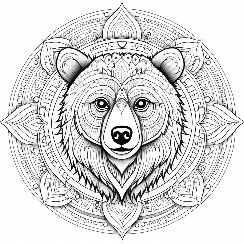 coloring page for adults, mandala, BEAR, white background, clean line art, fine line art without crayons