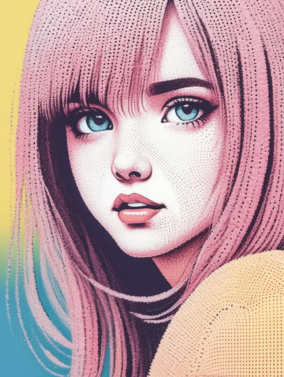 Minimalist girl face illustrations in pointillism, in pop-art style, softpastel color 