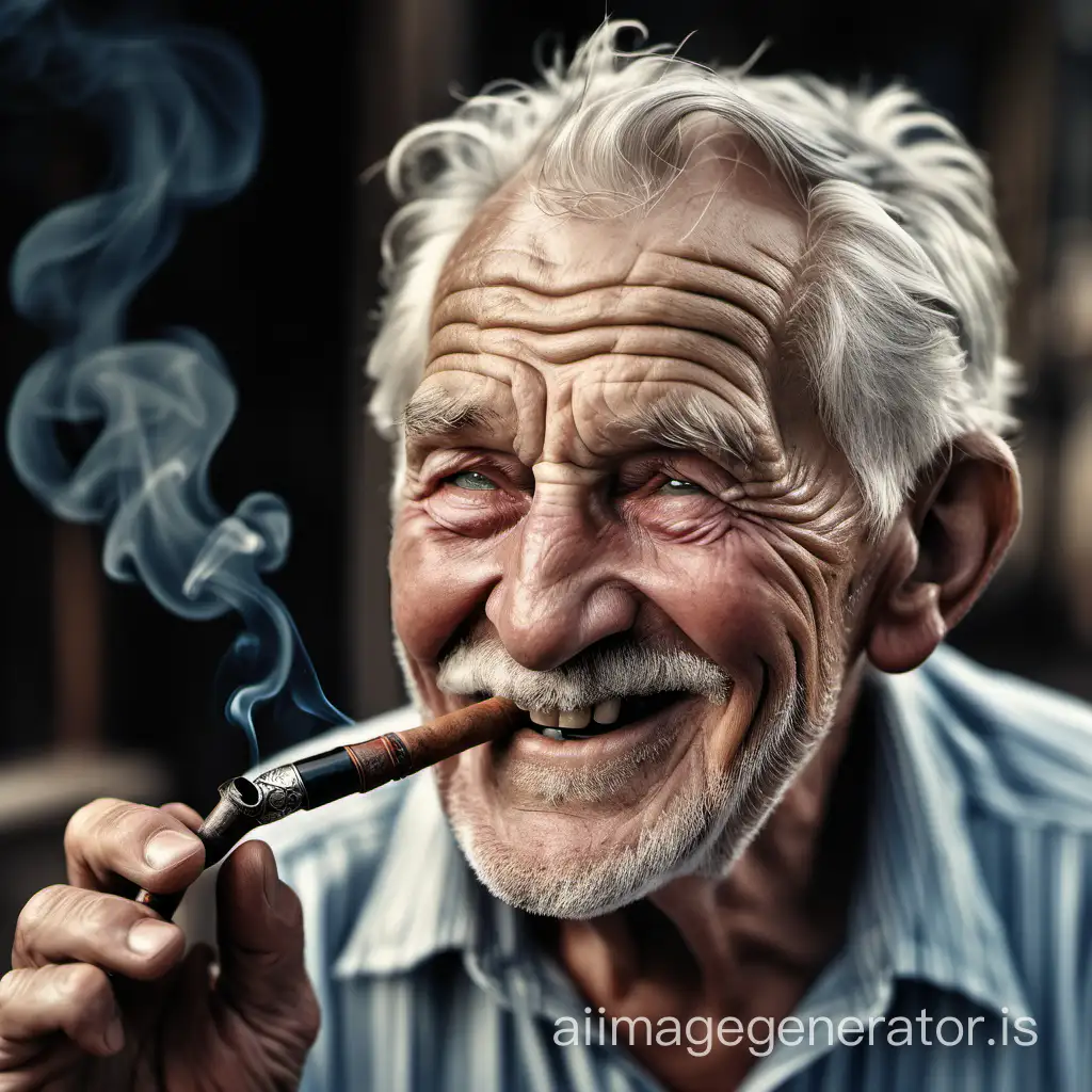 Portrait of an old man smoking pipe, laughing on life, old age, grey haired, eyes looking thru the soul, photo realistic, high detail sharp and focused image, realism, natural lighting, shot with Canon Eos R6 with 50 mm f 1..8 lens, aperture f2, depth of field image