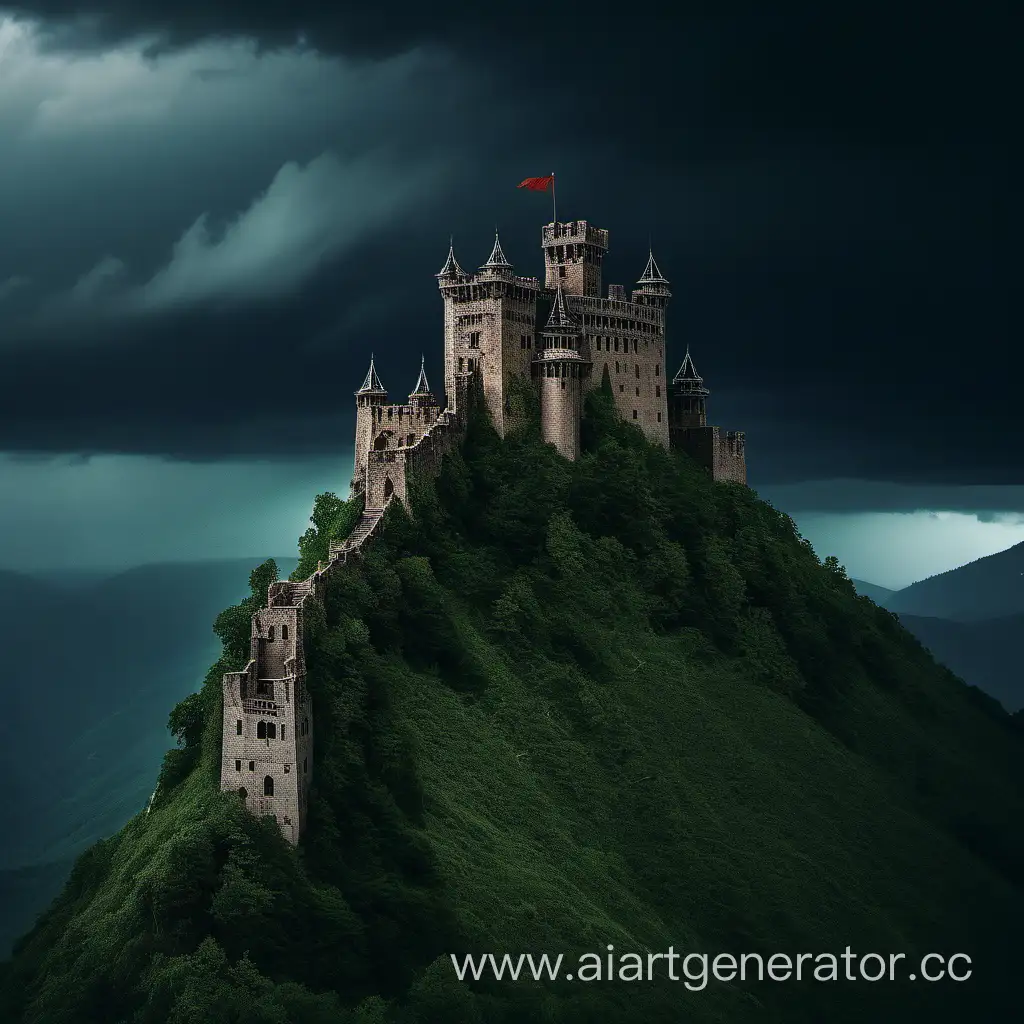forboding castle on mountaintop in stormy weather