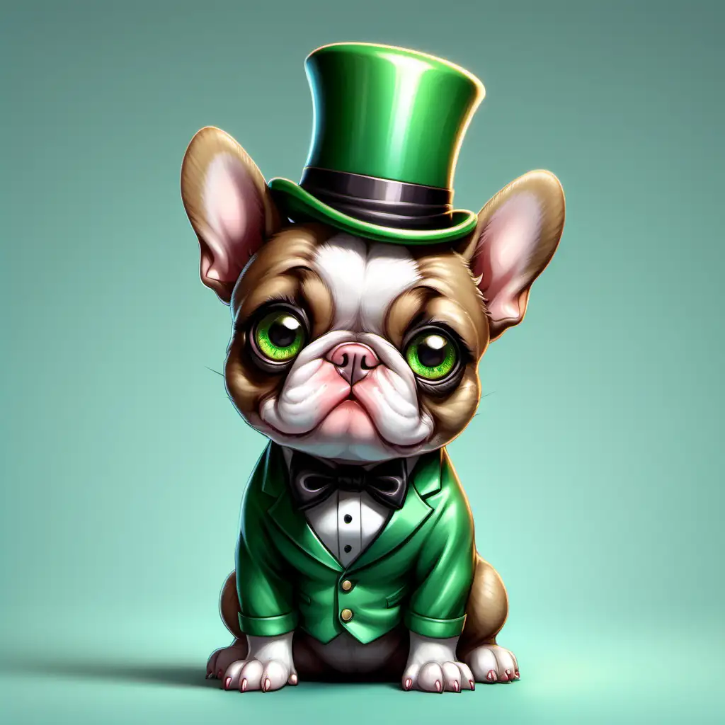 Cute Baby French Bulldog in Dapper Green Tuxedo and Top Hat