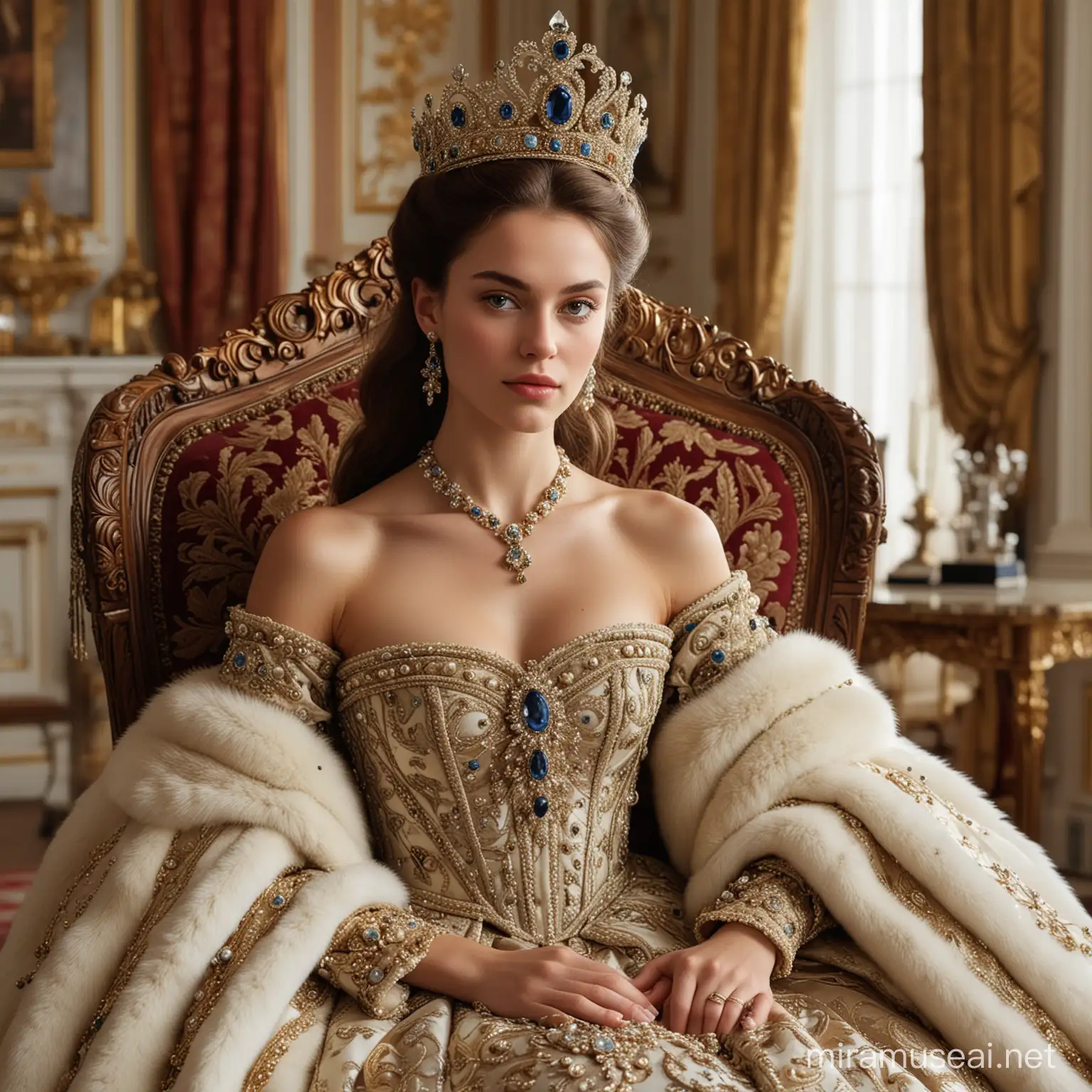 Regal Russian Princess on Polished Mahogany Throne