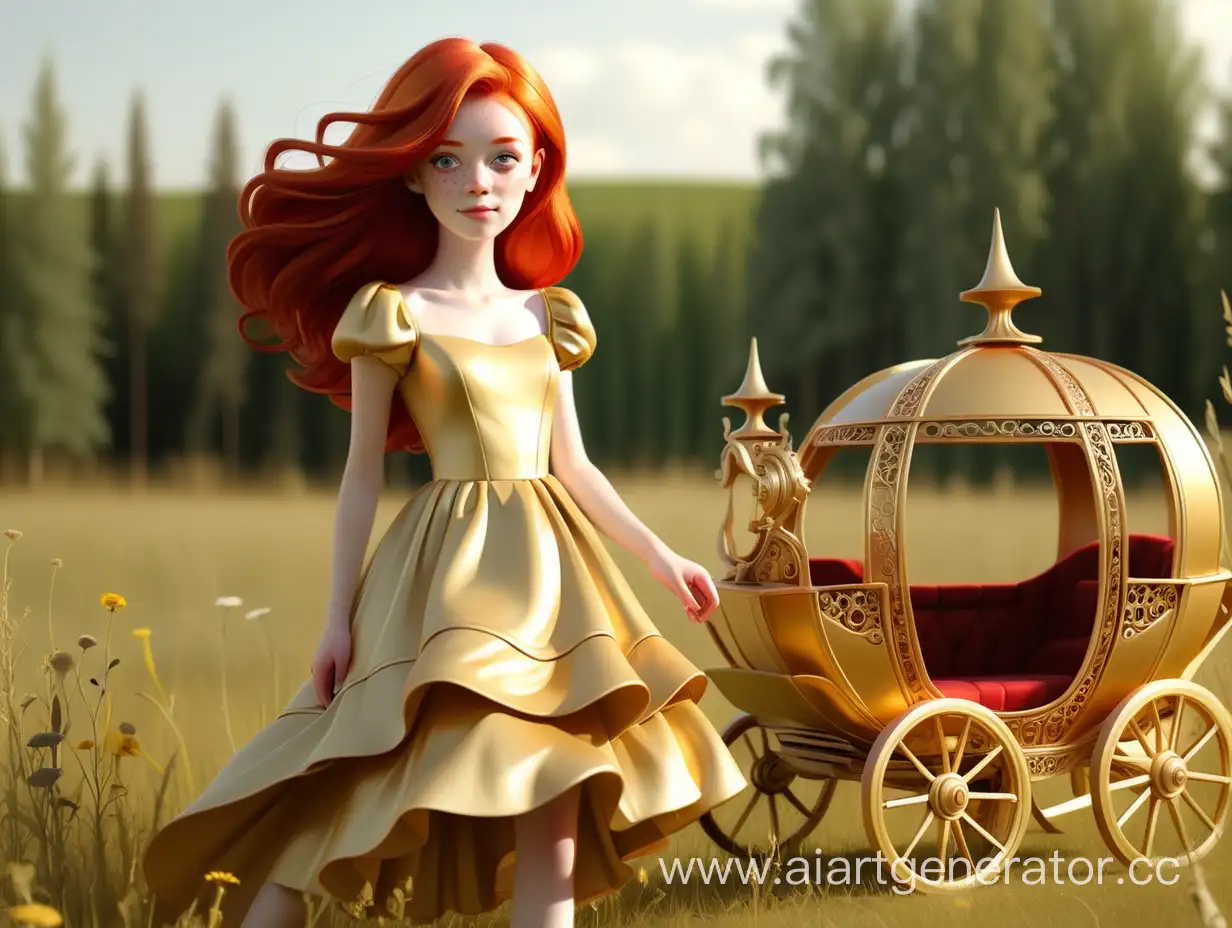 Golden-Princess-with-Red-Hair-near-Carriage-in-Meadow