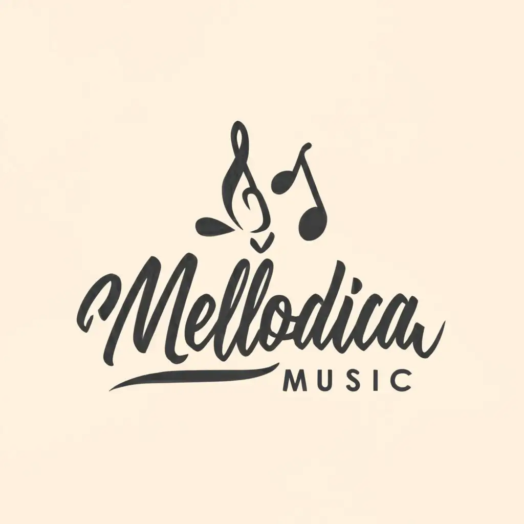 a logo design,with the text "melodica music", main symbol:music, guitar,complex,clear background