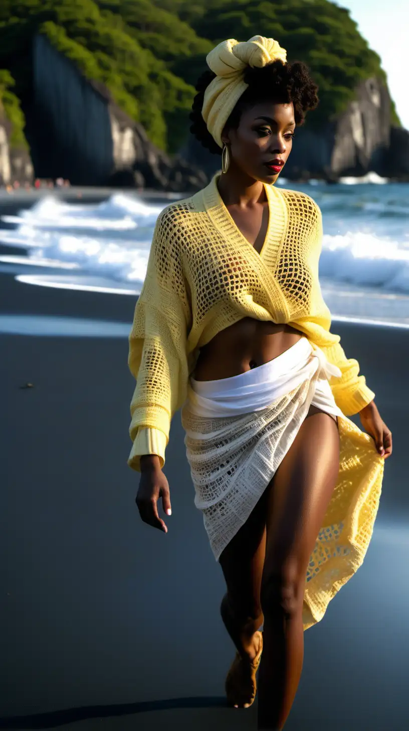 Beautiful, Black, woman, wearing  short curly updo hairstyle, wearing pastel yellow, oversized Crochet sweater, wearing white, linen, sarong wrap skirt, Wearing, Gold, African Print fabric, head scarf, walking in the tide on Black sand beach, Rio, Resolution, lighting is Volumetric Ultra 4k, High Deinition