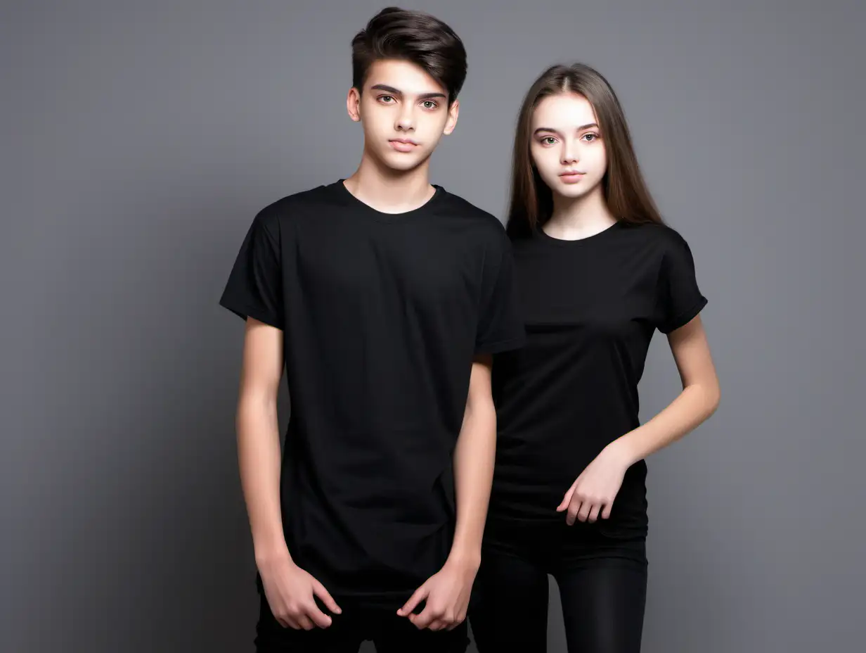 teenager male and female fashion model standing in black tshirt