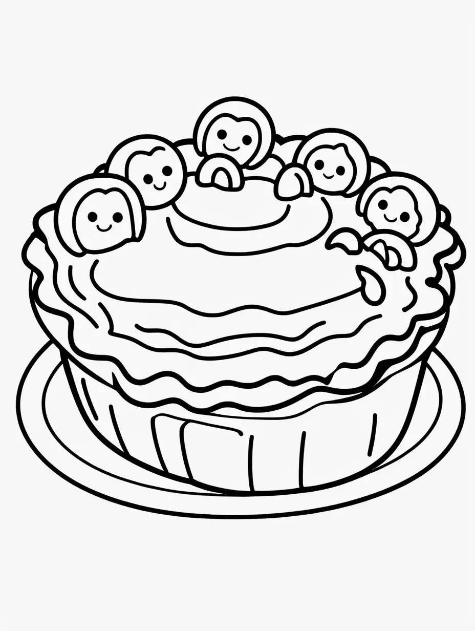 coloring book, cartoon drawing, clean black and white, single line, white background, large cute lemon pie, emoji