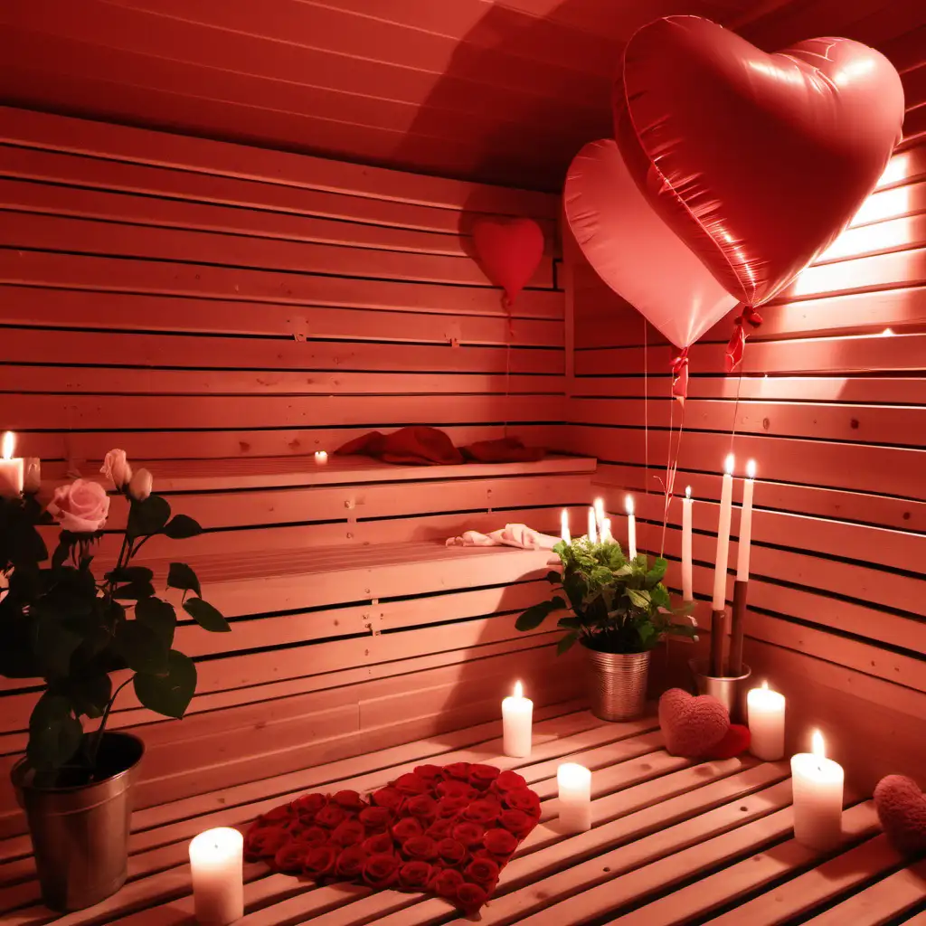 Romantic Sauna Experience with Heart Balloons and Candlelit Ambiance