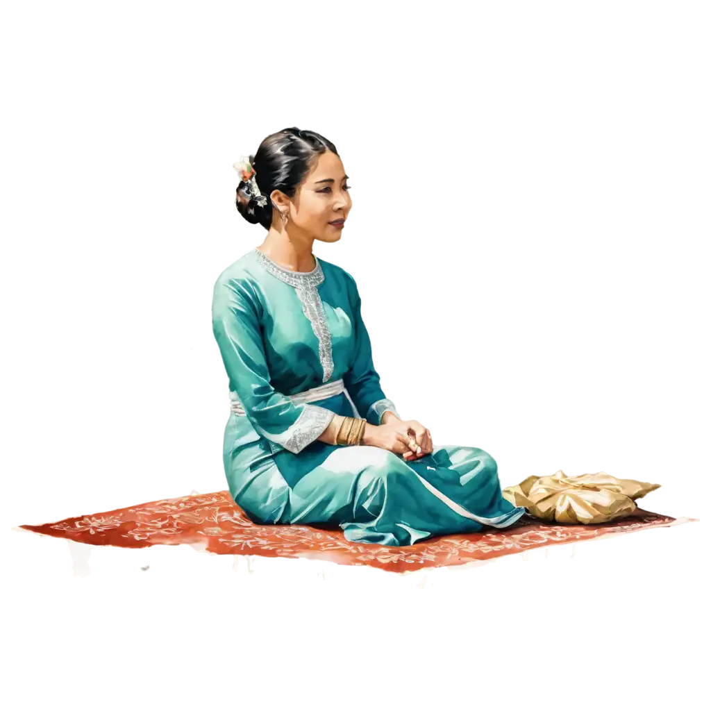 malay royal, sitting down, watercolor art.