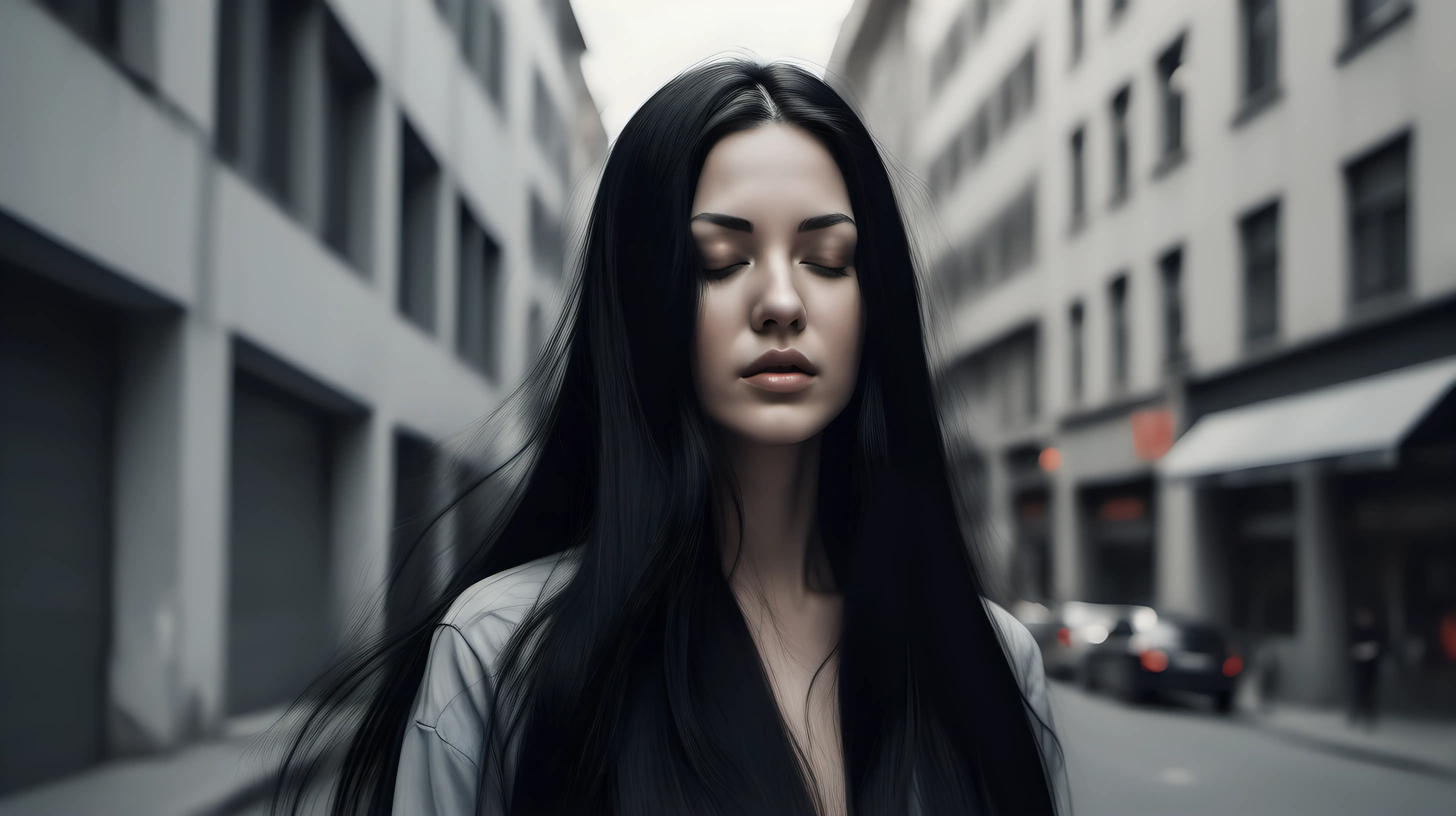 ultrarealistic portrait standing in large urban  street women  caucasic closed eyes with long black hair
