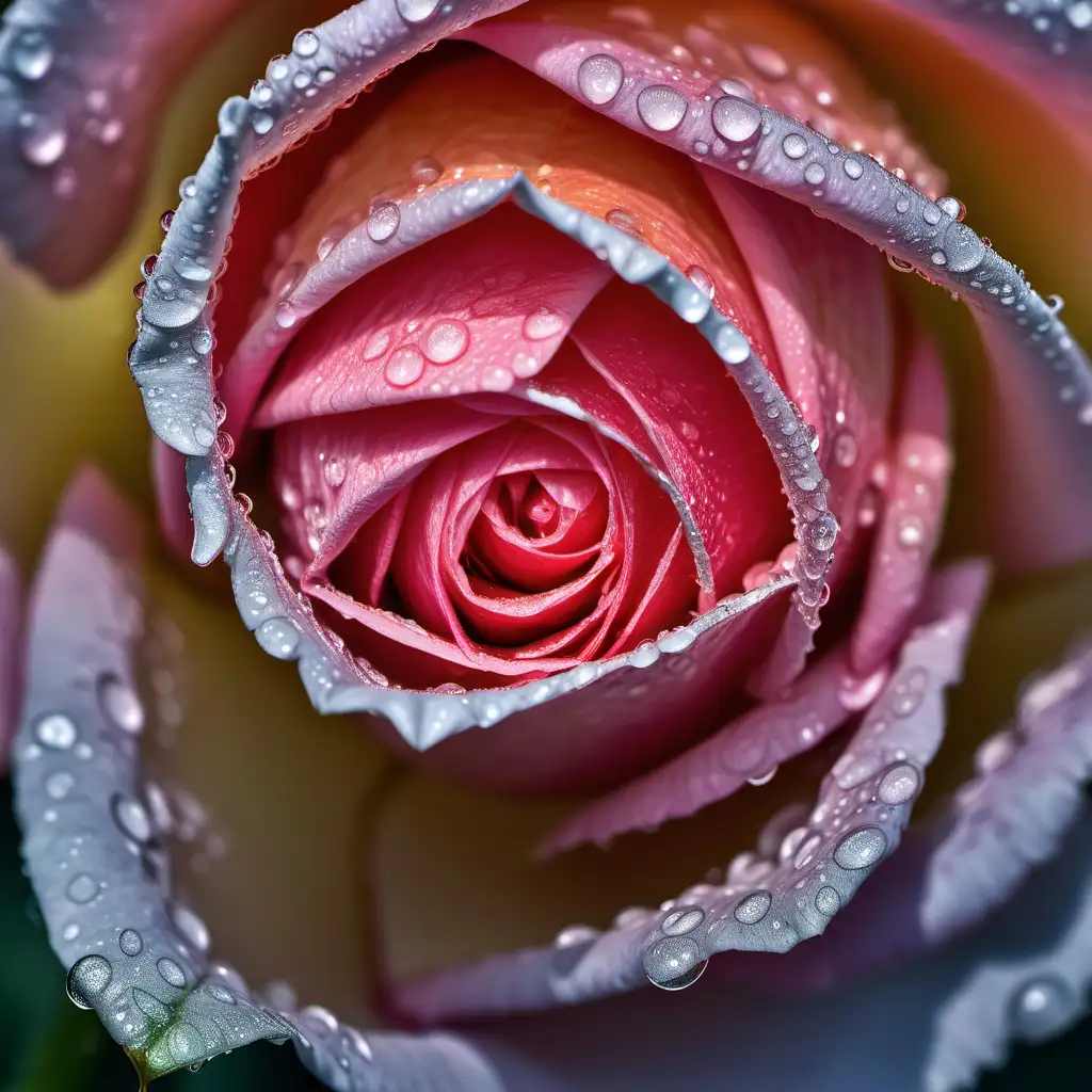 Close-up photograph of a dew-kissed rose, details accentuated with a macro lens, revealing the texture and color nuances --ar 16:9 --style raw --v 6.0
