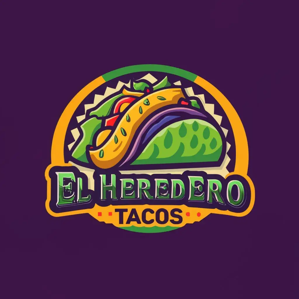 a logo design,with the text "TAQUERIA EL HEREDERO TACOS", main symbol:taco, color purple, green, yellow,complex,clear background