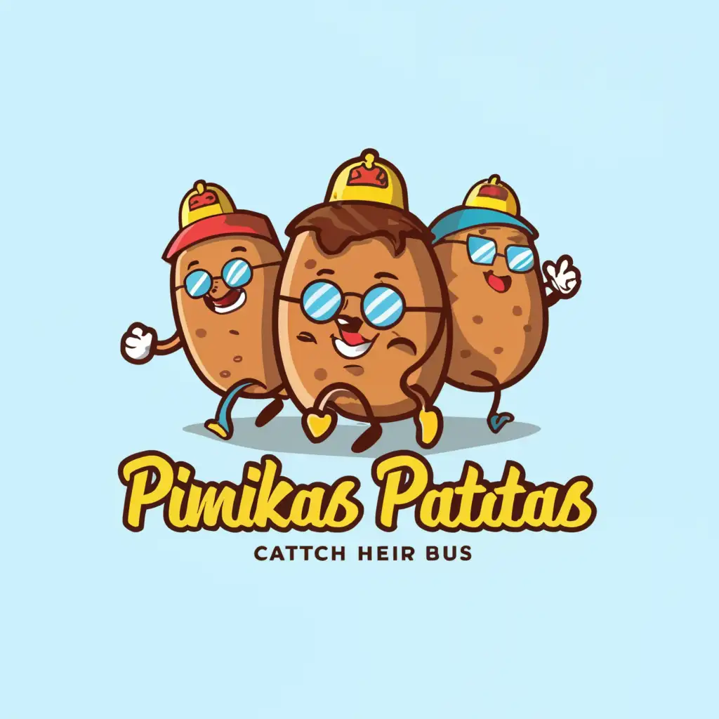 a logo design,with the text "Pinikas Patatas", main symbol:loaded baked potatoes running to catch their bus,Moderate,clear background