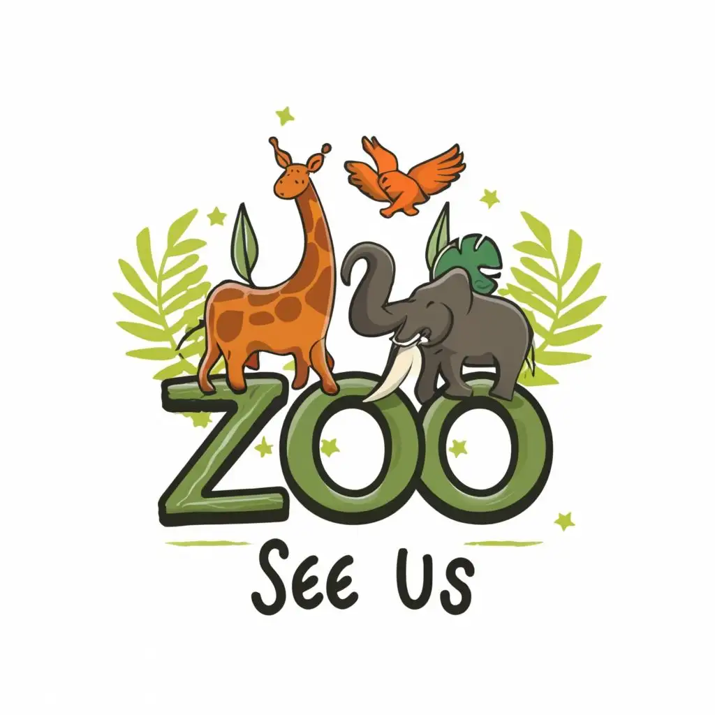logo, Create a logo for a zoo with many animals and a white background with leaves, with the text "See us!", typography, be used in Animals Pets industry