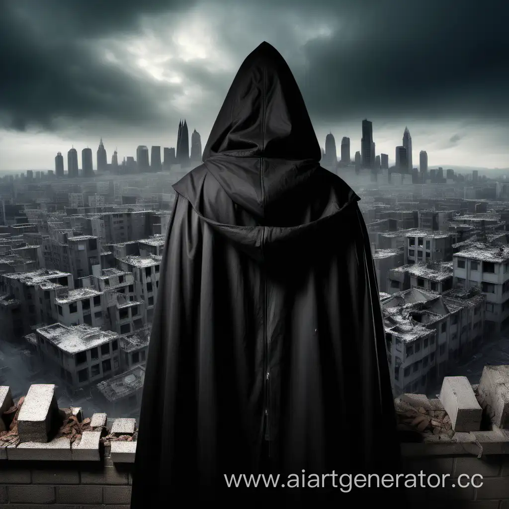 Человек в черном плаще в капюшоне на фоне разрушающегося города