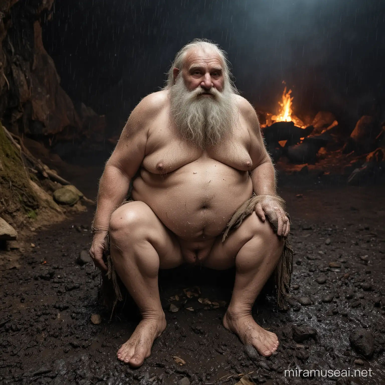 Old Troll Sitting by Midnight Bonfire in Forest Cave