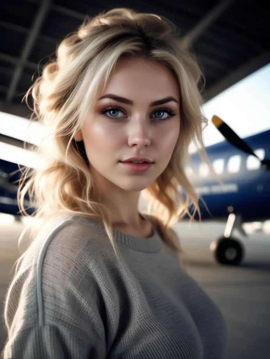 Beautiful Nordic woman, very attractive face, detailed eyes, big breasts, slim body, dark eye shadow, messy blonde hair, wearing a bungee jumper’s outfit, close up, bokeh background, soft light on face, rim lighting, facing away from camera, looking back over her shoulder, standing in front of a air plane hanger with a plane inside, photorealistic, very high detail, extra wide photo, full body photo, aerial photo