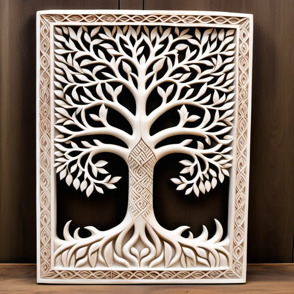 Carved tree of life, rectangular shape , with natural wooden border, tree in white wash