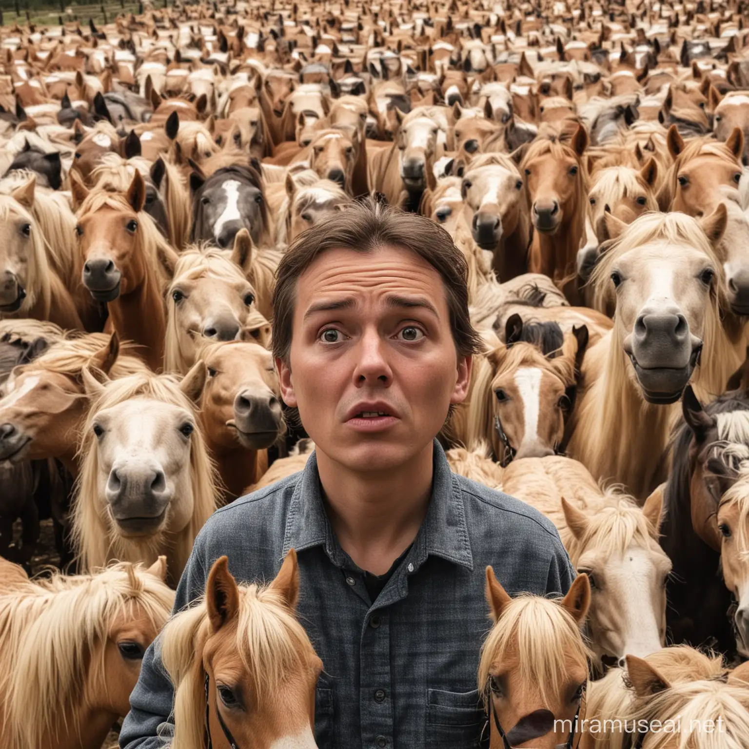 a worried looking person with a hundred smallhorses behind menacingly
