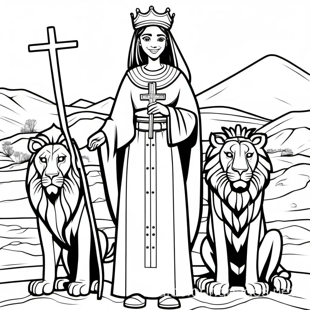 coloring book page, Saint Ana Simone full body smiling blessed holding a small cross in her hand and wearing a crown in the desert standing next to lions and faraway Coptic church, cartoon style, thick lines, low detail, no shading, black and white, clean line art, one line, very minimal lines for coloring for young kids, Coloring Page, black and white, line art, white background, Simplicity, Ample White Space. The background of the coloring page is plain white to make it easy for young children to color within the lines. The outlines of all the subjects are easy to distinguish, making it simple for kids to color without too much difficulty