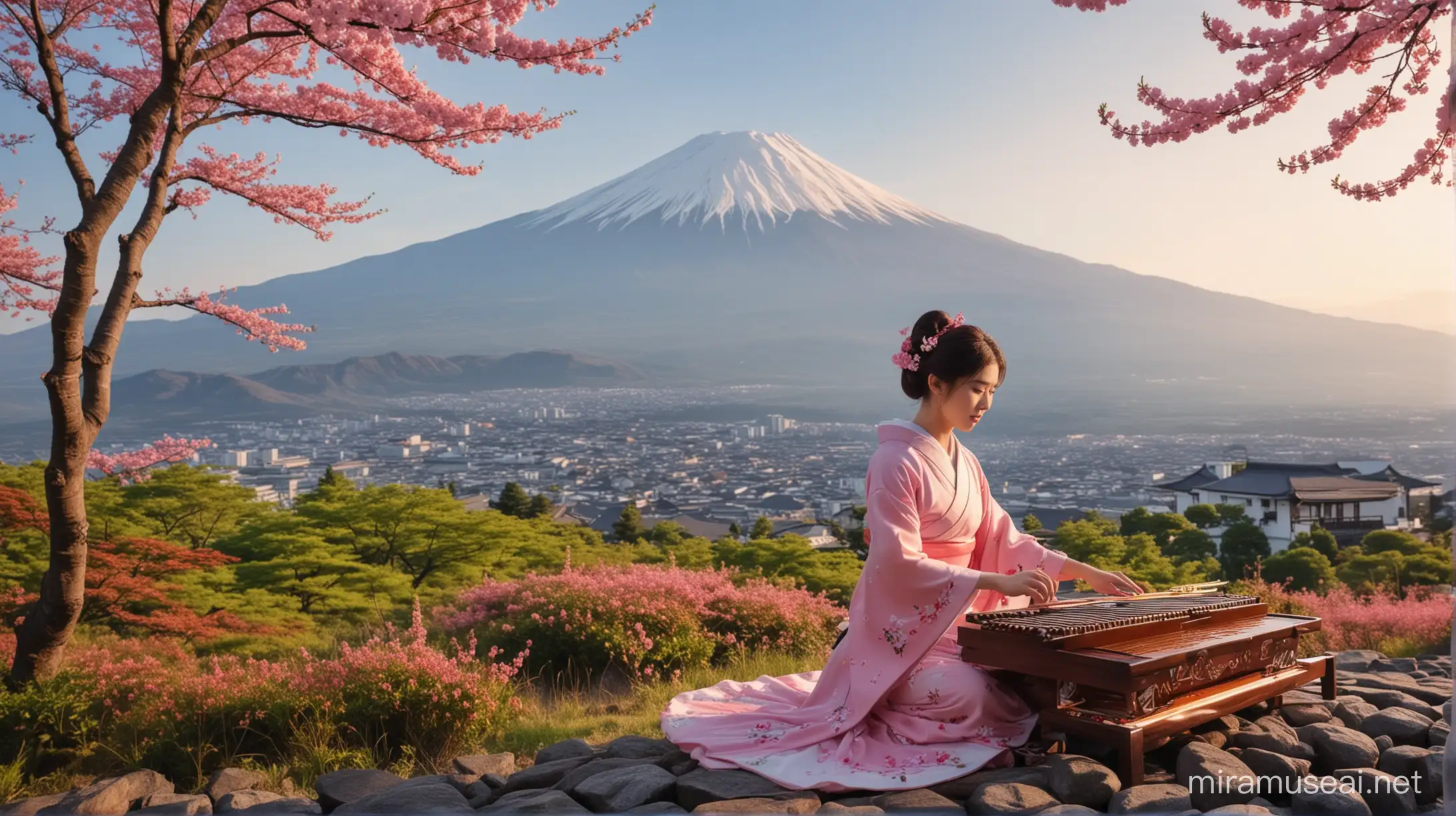 Japanese beauty, fuji, nature, attractive, green, pink cherry, culture, girl is playing koto music in the front of   fuji mount. Girl in attractive dressing a